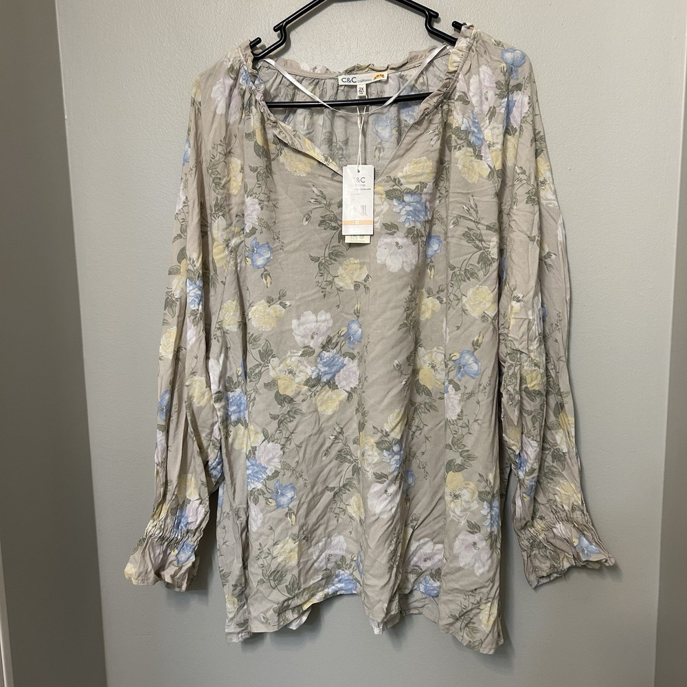 C&C California Women 2X Blouse Pastel Roses Floral Pullover Semi Sheer NWT